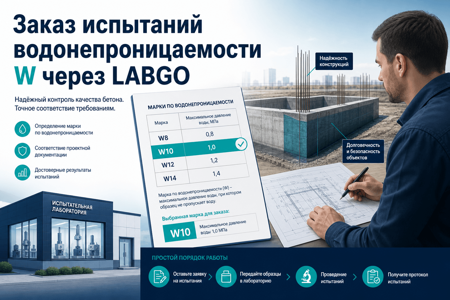 Как заказать испытания водонепроницаемости бетона (W) через LABGO