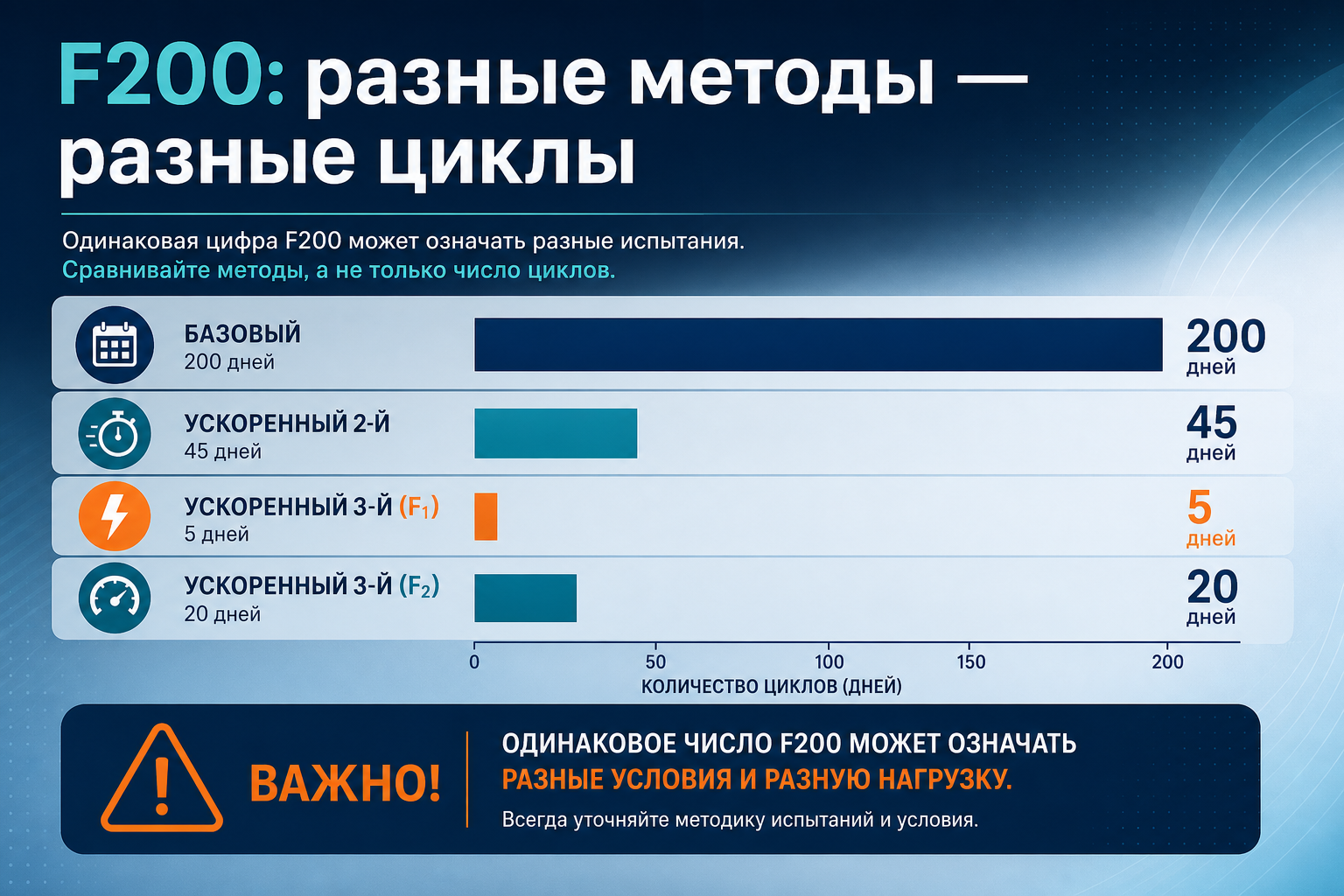 Сравнение числа циклов для марки F200 по методам