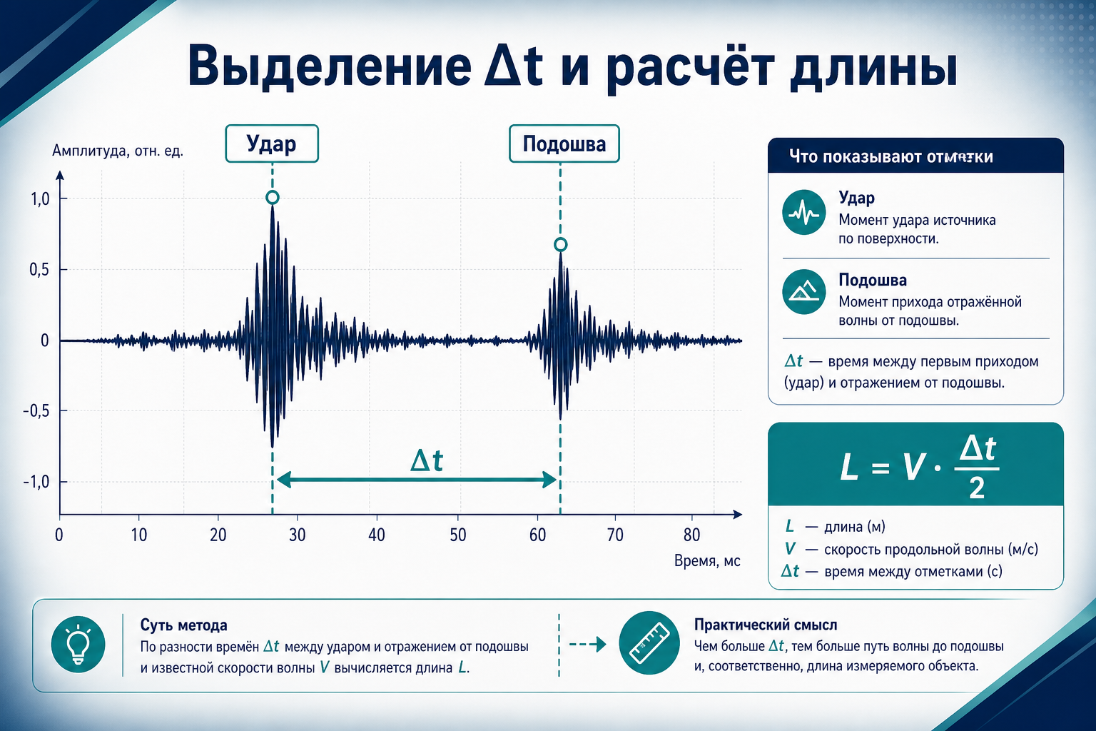 Выделение Δt на сейсмограмме и расчёт длины