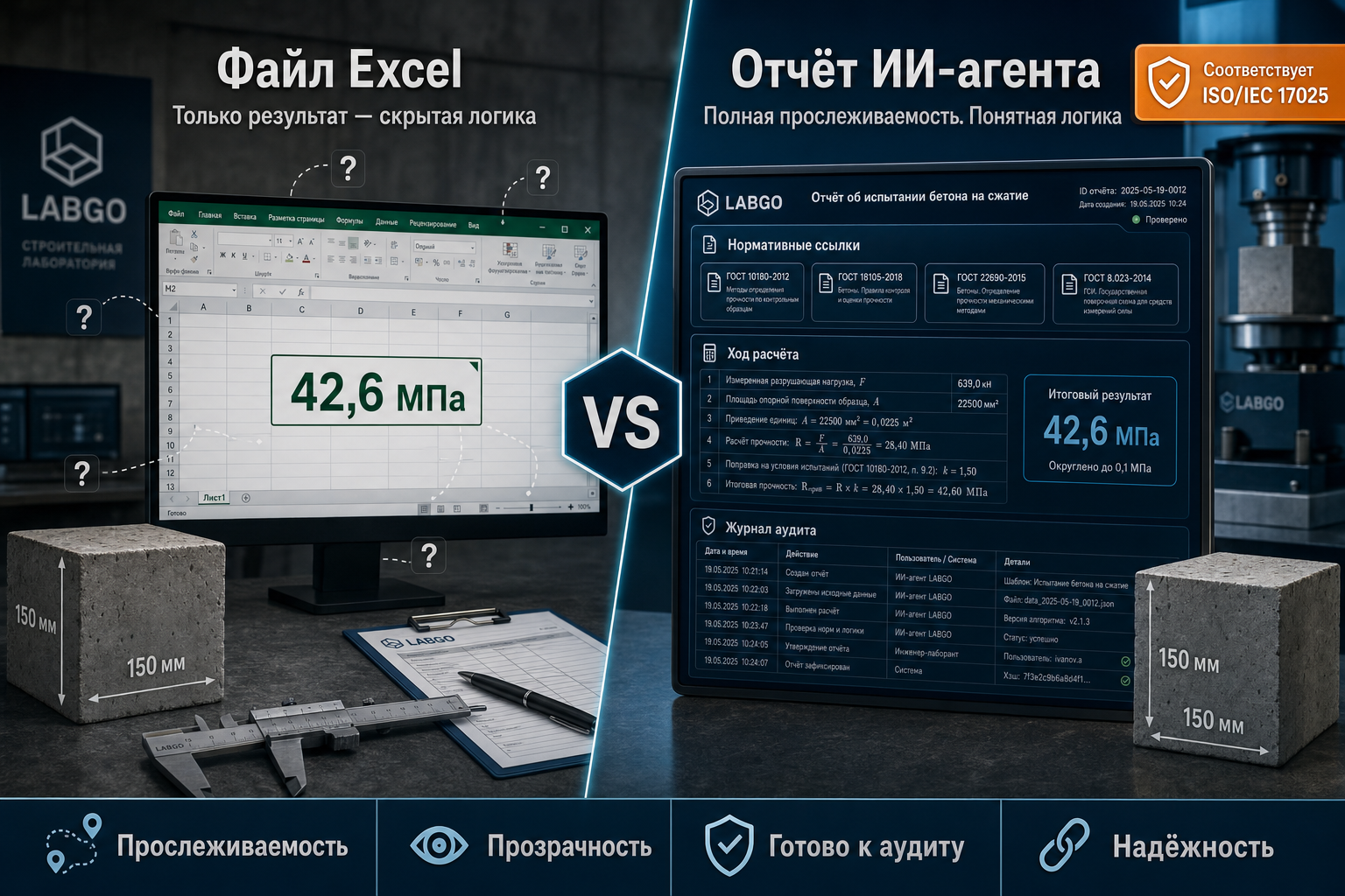 Прослеживаемость расчётов: Excel vs отчёт ИИ-агента по ISO/IEC 17025