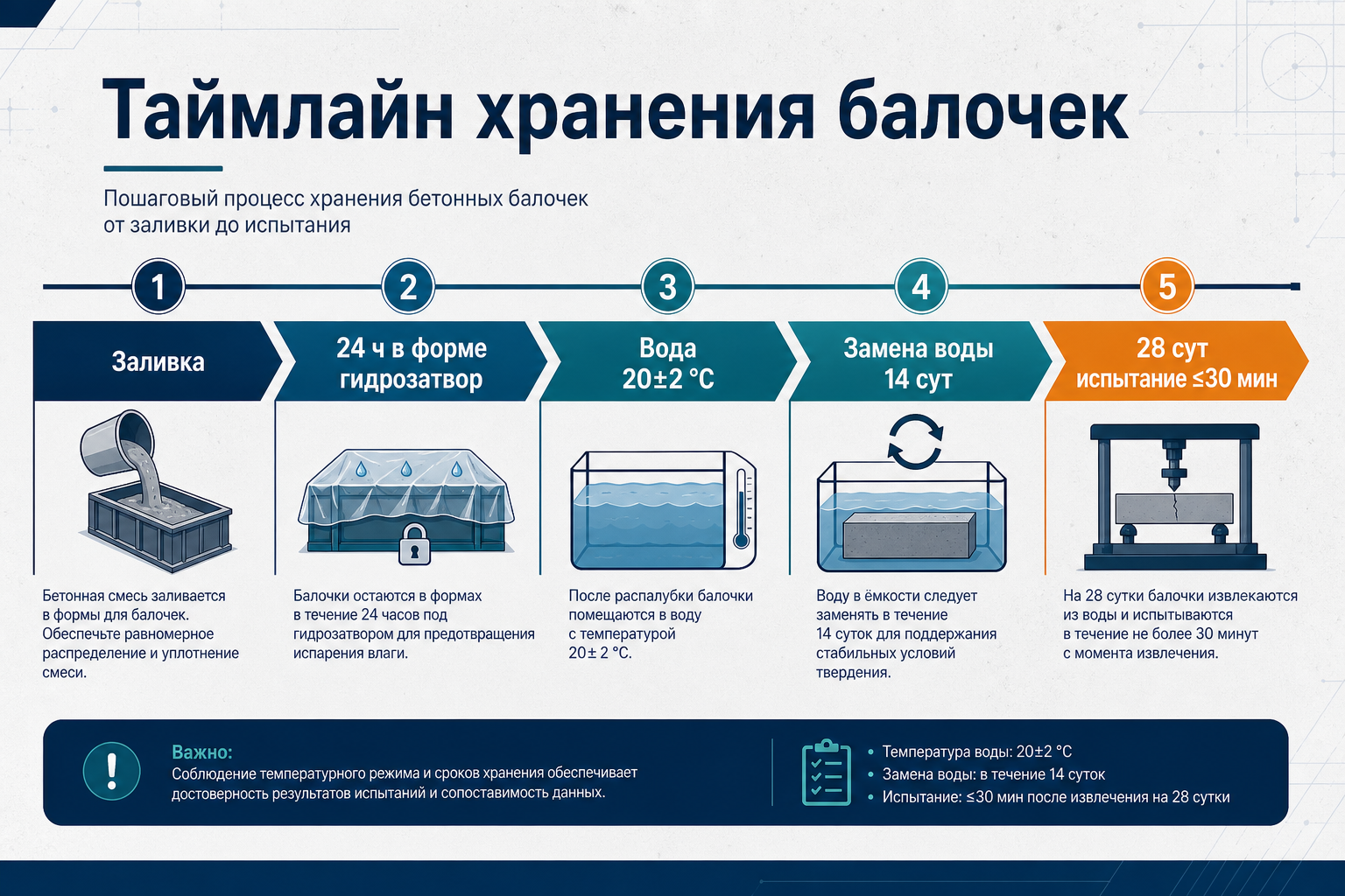 Таймлайн хранения балочек: форма, вода, испытание