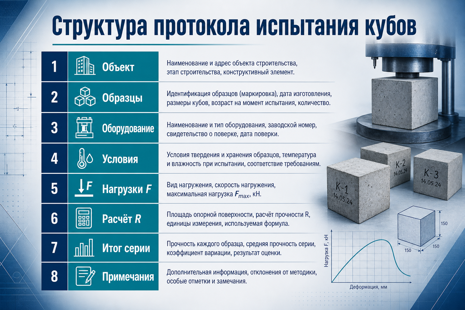 Структура протокола испытания кубов по ГОСТ 10180