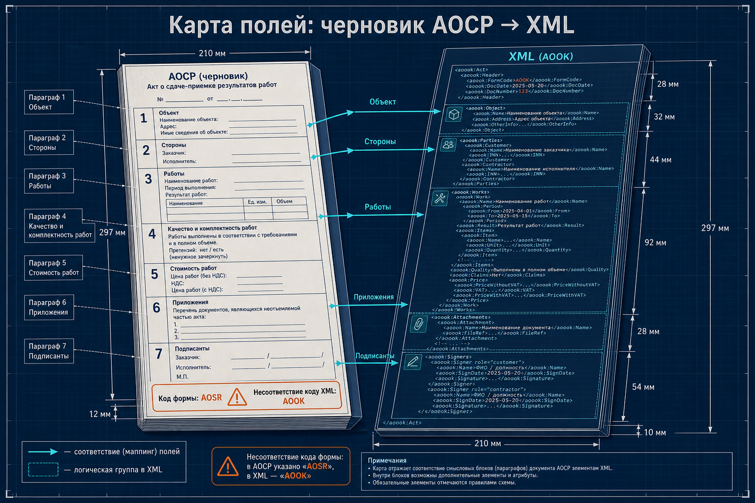 Карта полей АОСР в структуру XML по xsd
