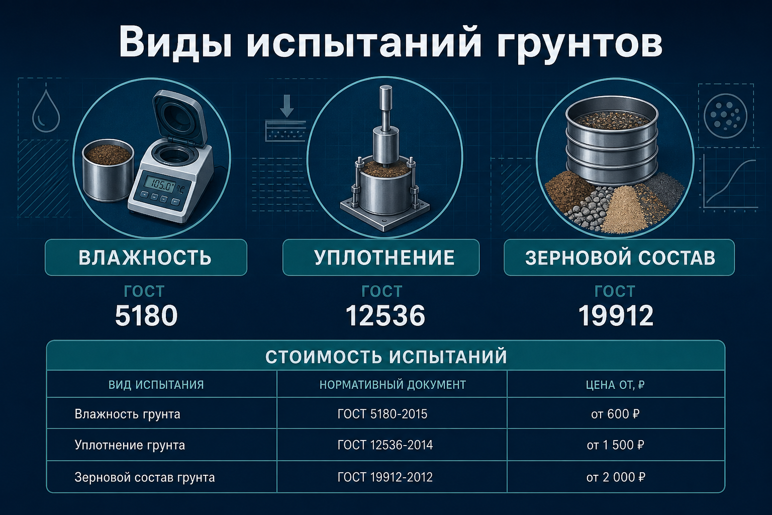 Виды испытаний грунтов в каталоге LABGO