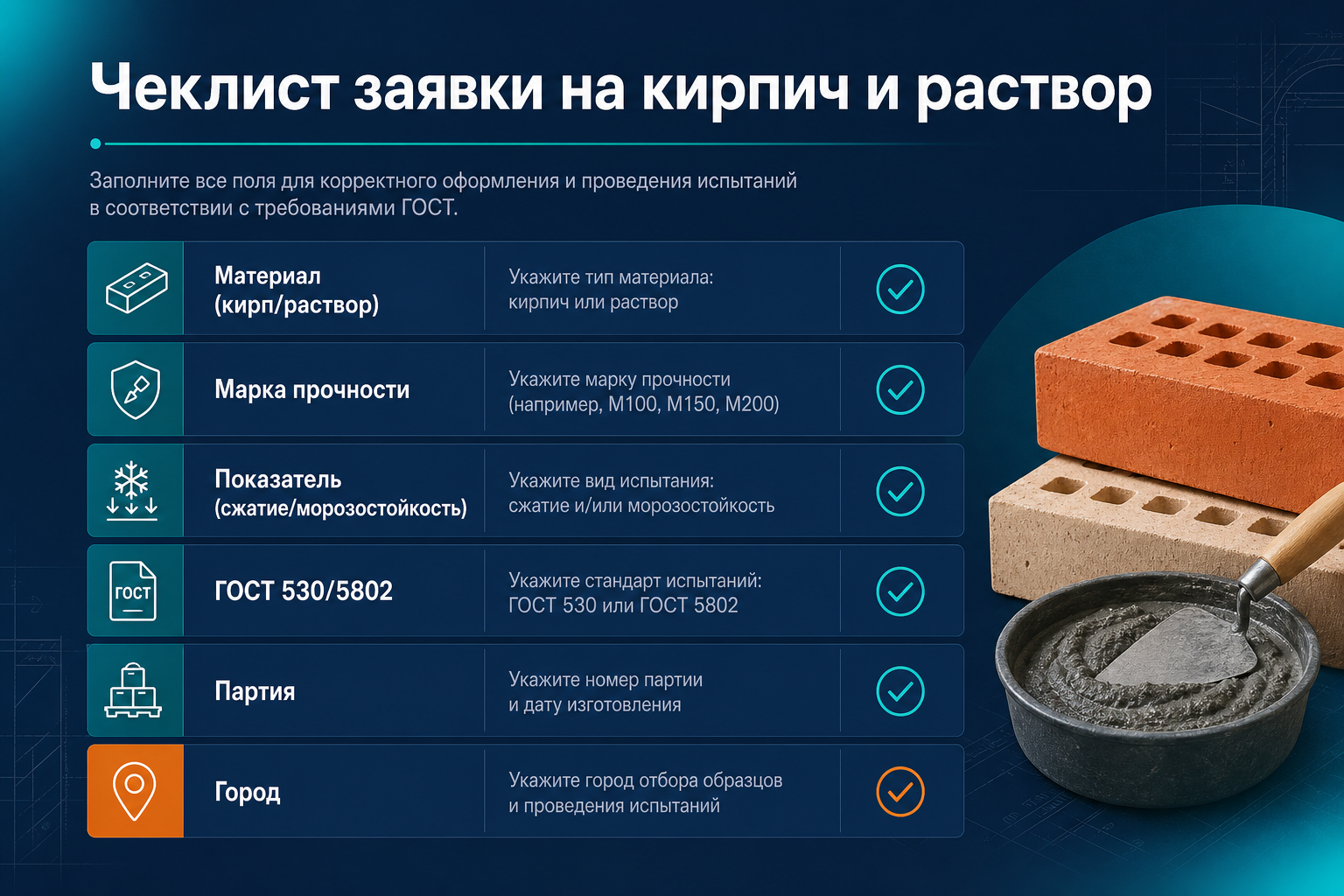 Чеклист заявки на кирпич и раствор