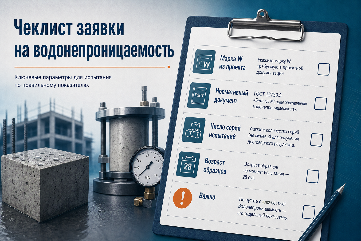 Чеклист заявки на водонепроницаемость бетона
