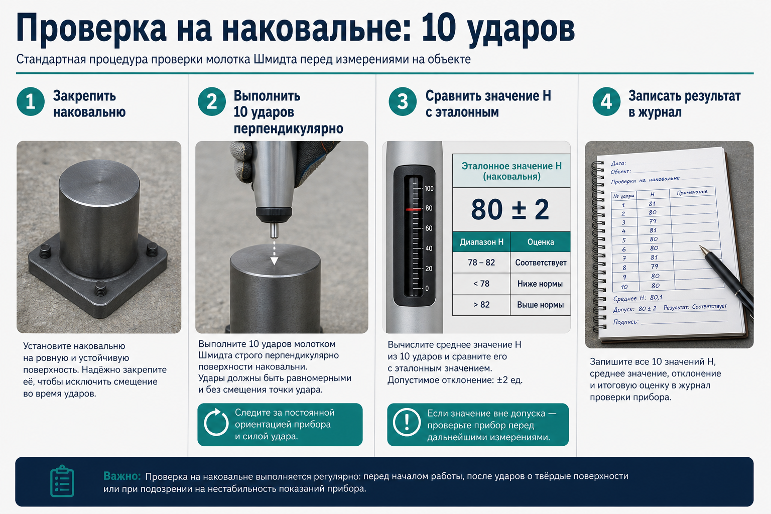 Проверка склерометра: 10 ударов по наковальне