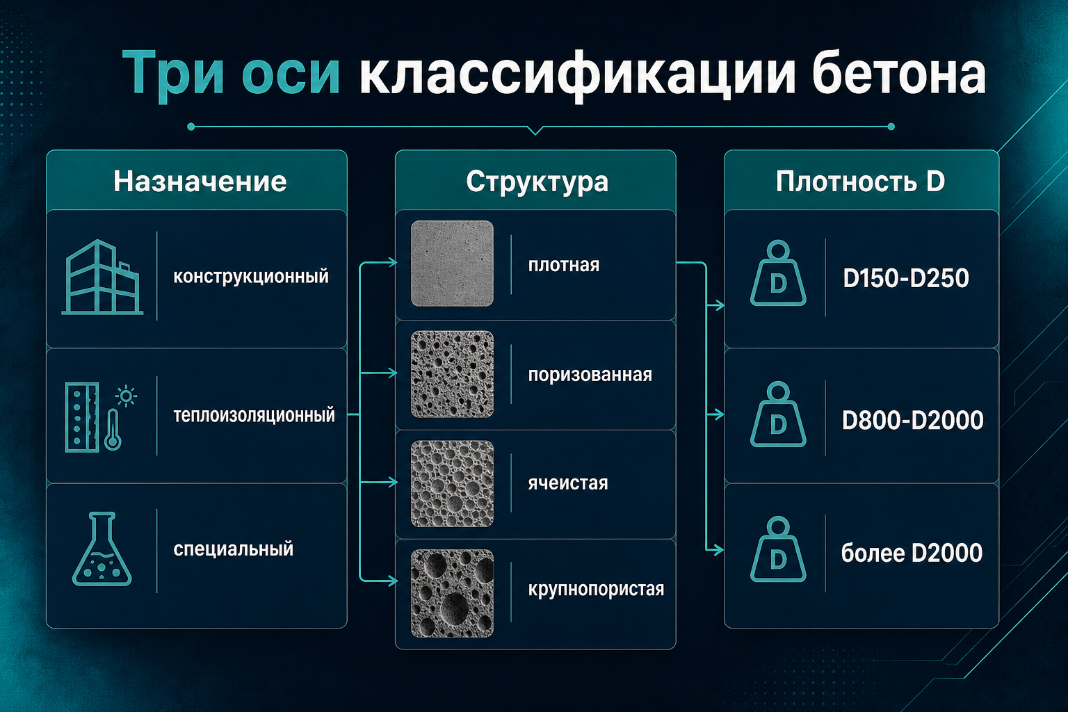 Три оси классификации бетона — назначение, структура, плотность