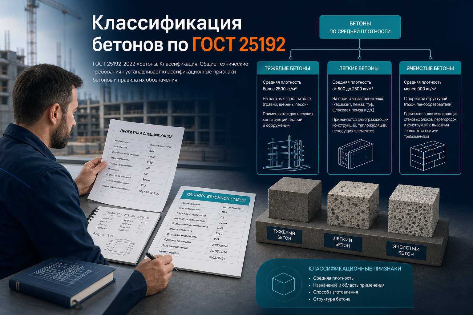 Классификация бетонов по ГОСТ 25192: структура, плотность, назначение