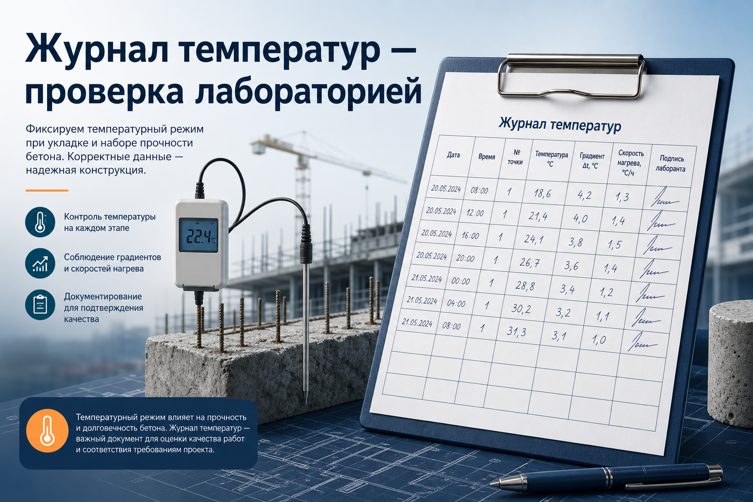 Журнал температур массивного бетона — чеклист лаборатории