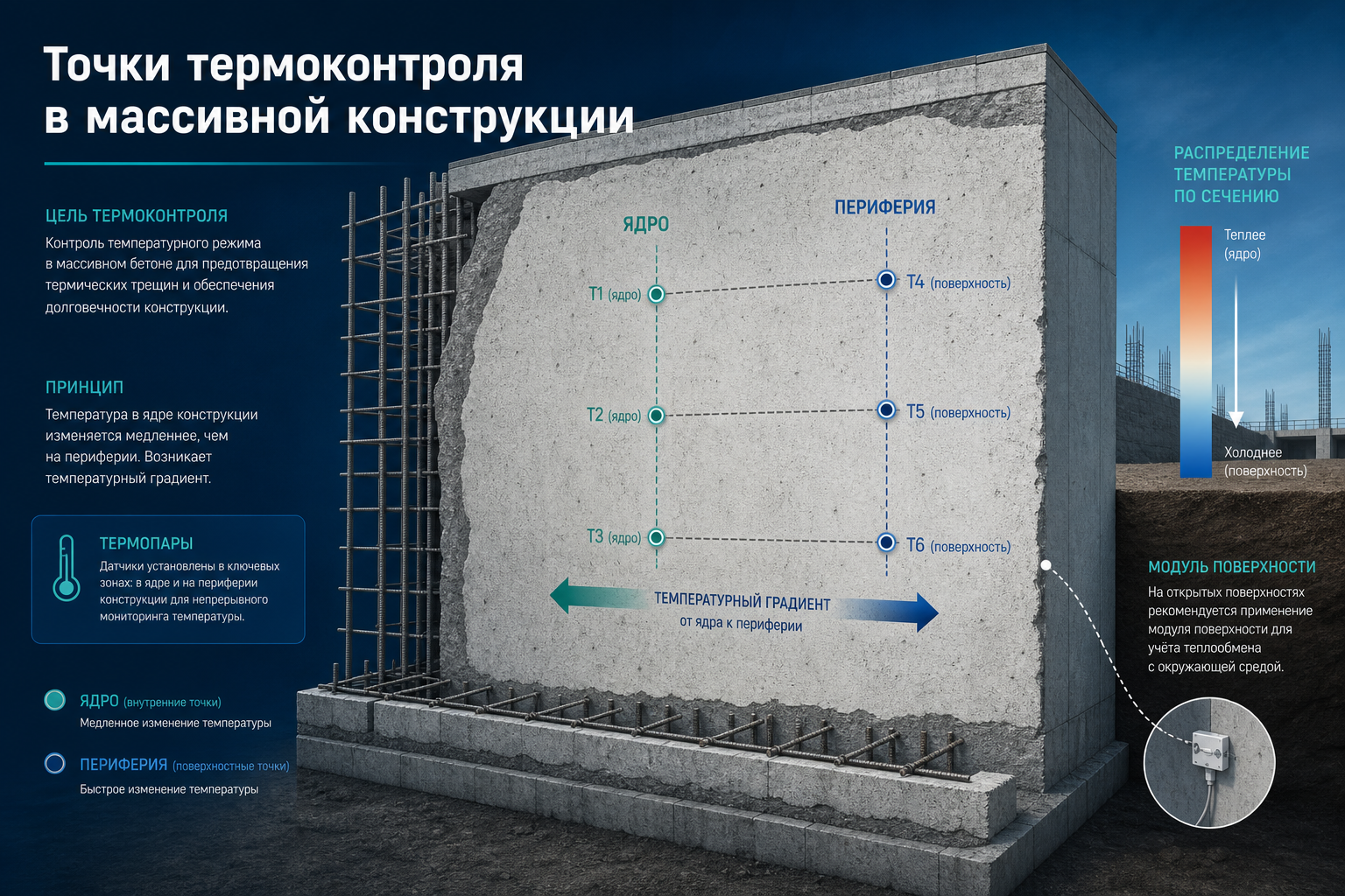 Схема точек термоконтроля в массивной конструкции