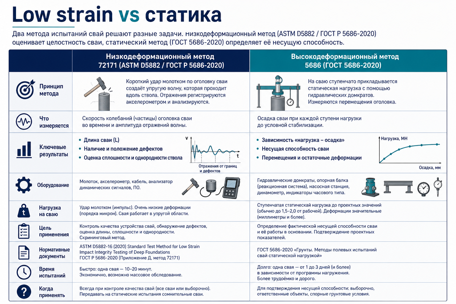 Сравнение низкодеформационного и высокодеформационного испытаний свай