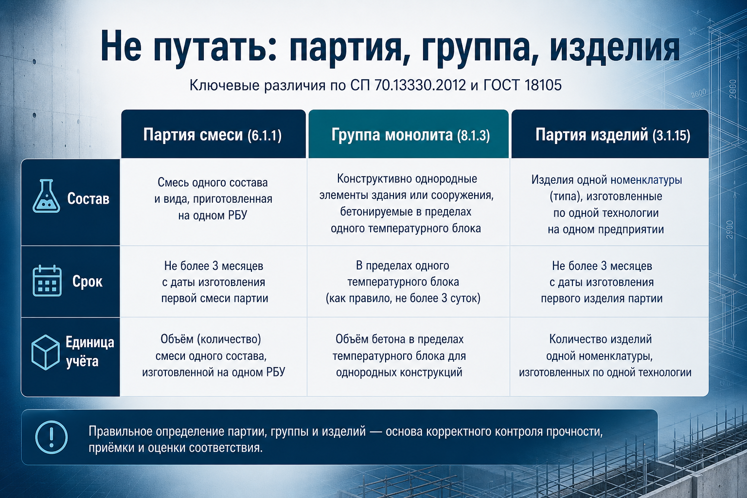 Сравнение: партия смеси, группа монолита, партия изделий