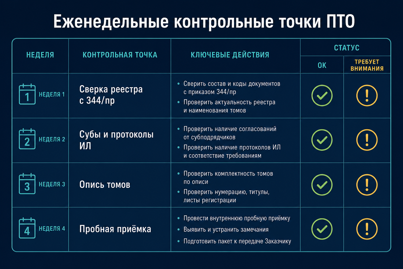 Еженедельные контрольные точки ПТО