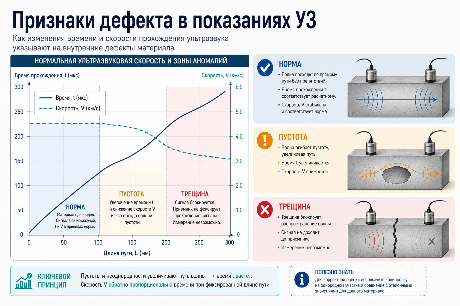 Аномалии скорости V и времени t при пустоте и трещине
