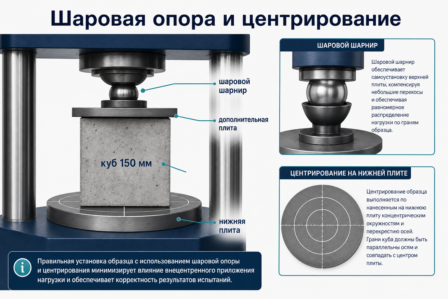Шаровая опора и центрирование куба на прессе