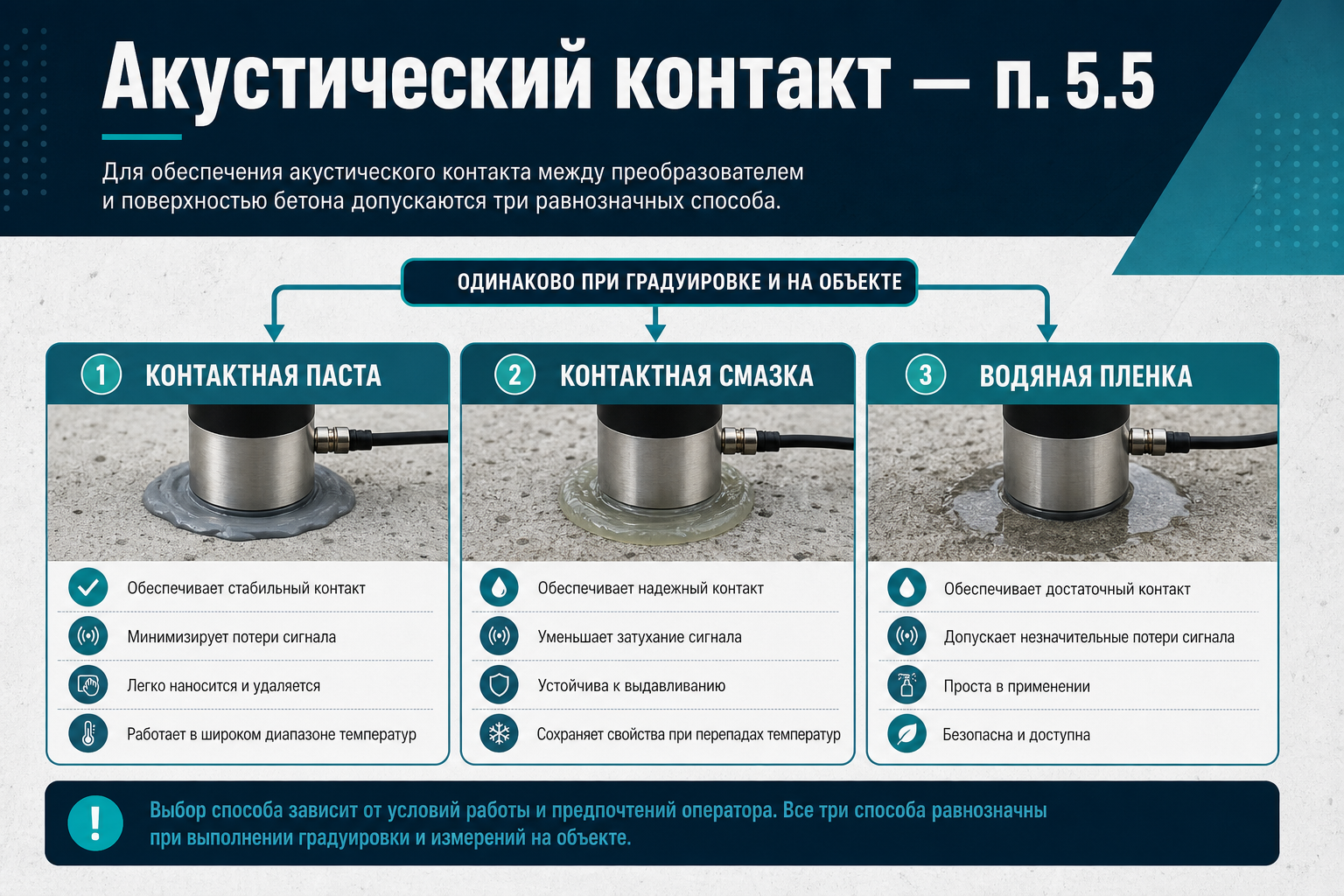 Акустический контакт: паста, смазка, вода — одинаково при градуировке и на объекте