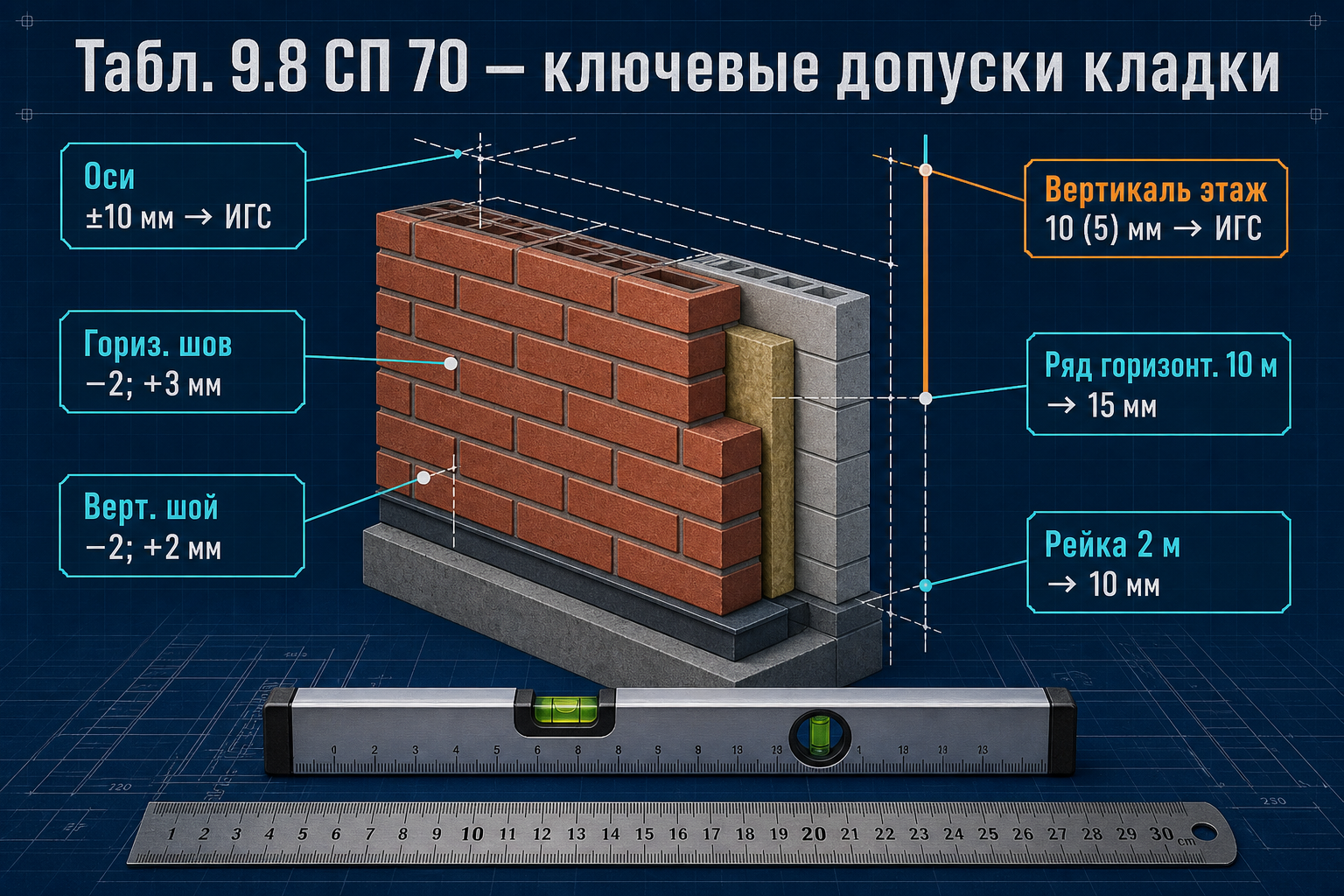 Ключевые допуски каменной кладки по табл. 9.8 СП 70