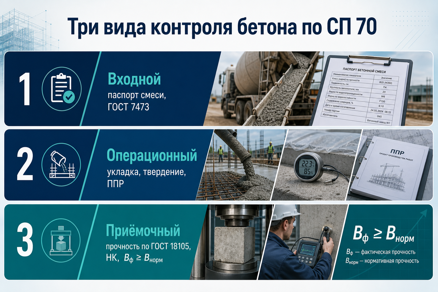 Три вида контроля бетона по СП 70.13330.2012