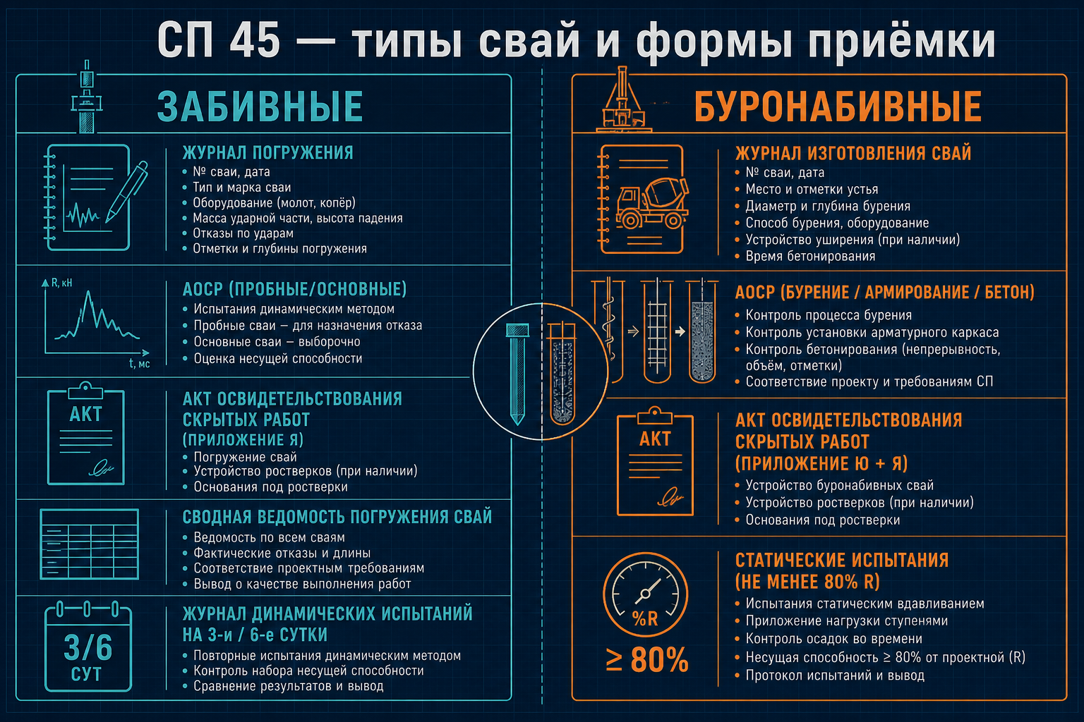 Забивные и буронабивные сваи — разные акты СП 45