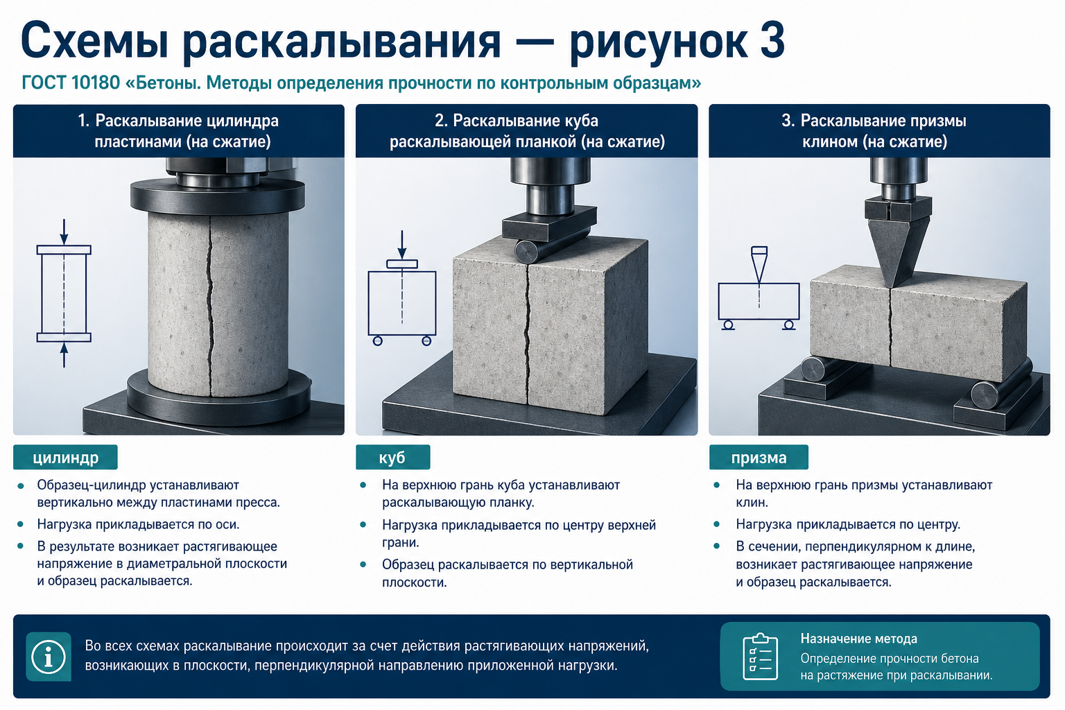 Схемы испытания на растяжение при раскалывании