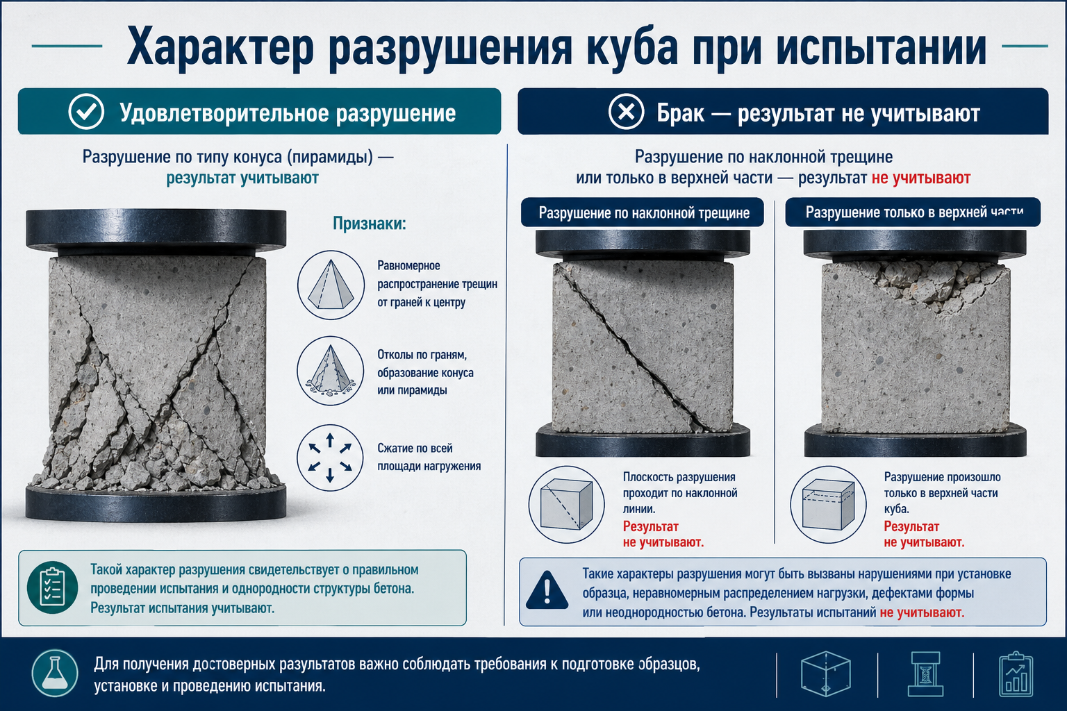Характер разрушения куба: удовлетворительный и брак