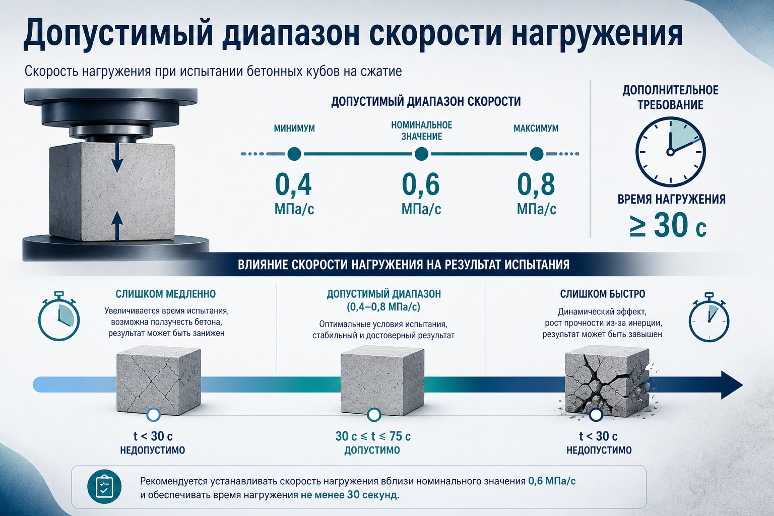 Допустимый диапазон скорости нагружения кубов на сжатие