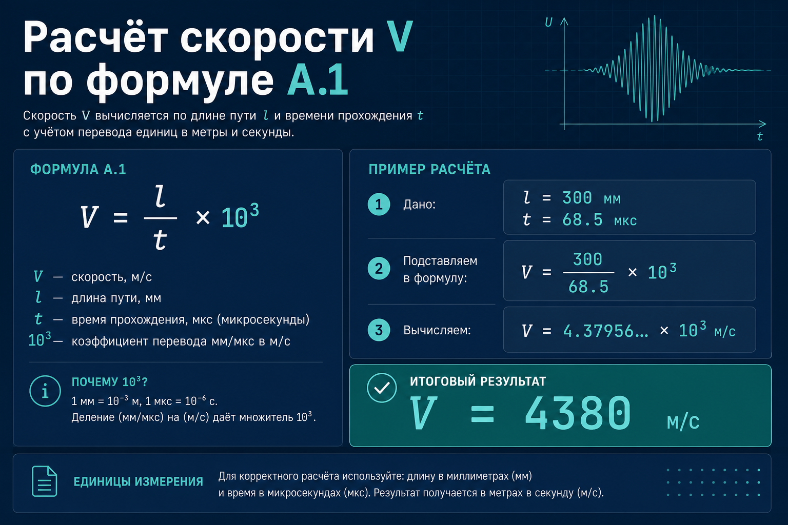 Расчёт скорости V = l/t × 10³: пример l = 300 мм, t = 68,5 мкс