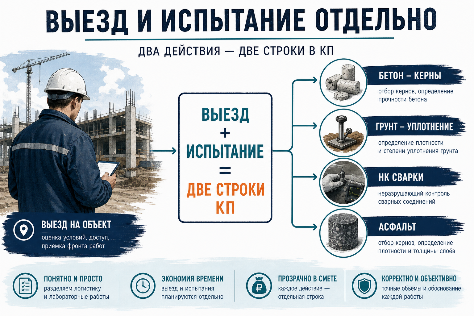 Выезд и испытание — отдельные строки