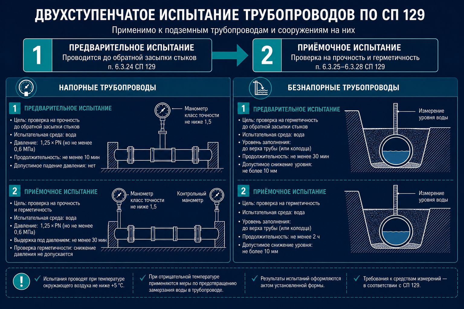 Два этапа испытаний наружного трубопровода по СП 129