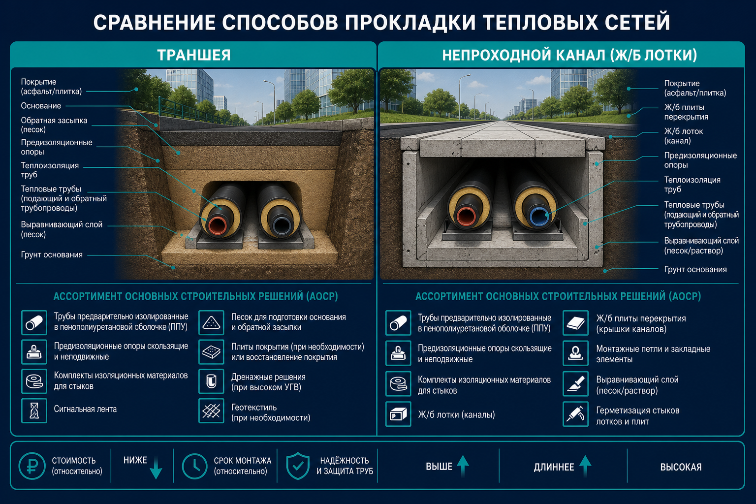 Два способа прокладки тепловой сети — траншея и канал