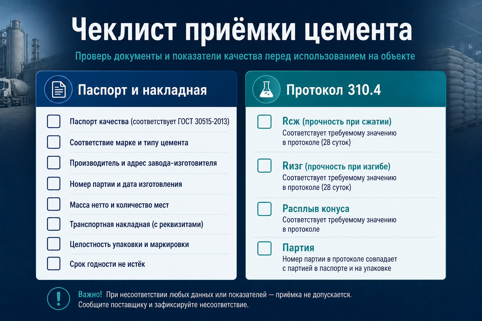 Чеклист приёмки цемента: документы и протокол