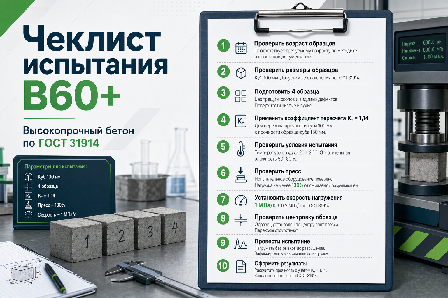 Чеклист испытания высокопрочного бетона B60+