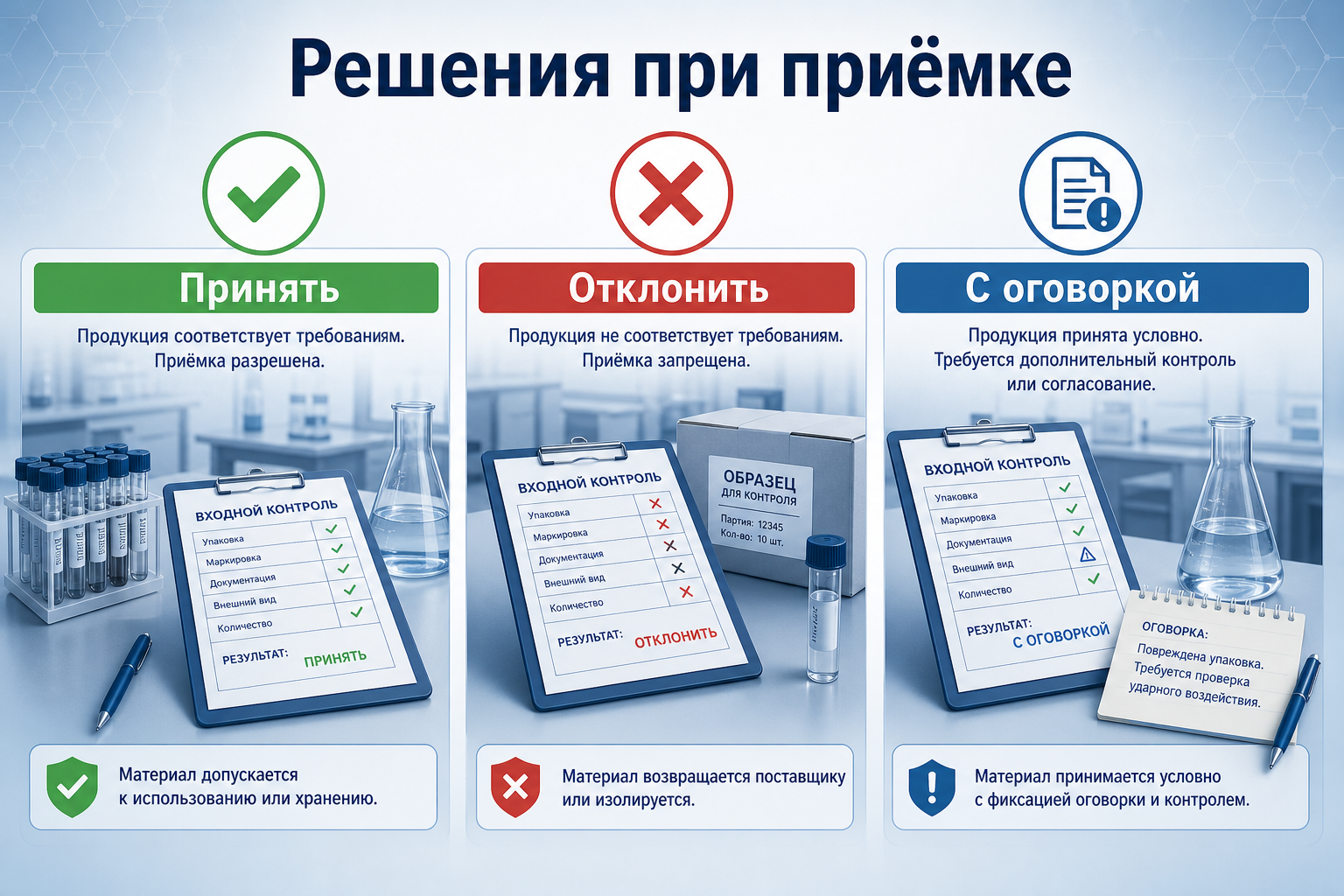 Решения входного контроля: принять, отклонить, принять с оговоркой